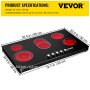 VEVOR Radiant Cooktop with Knob Control, Timer & Child Lock Included, 9 Power Levels with Boost Function Built in Electric Stove Top, 35 inch 5 Burners, 220V Ceramic Glass, Black