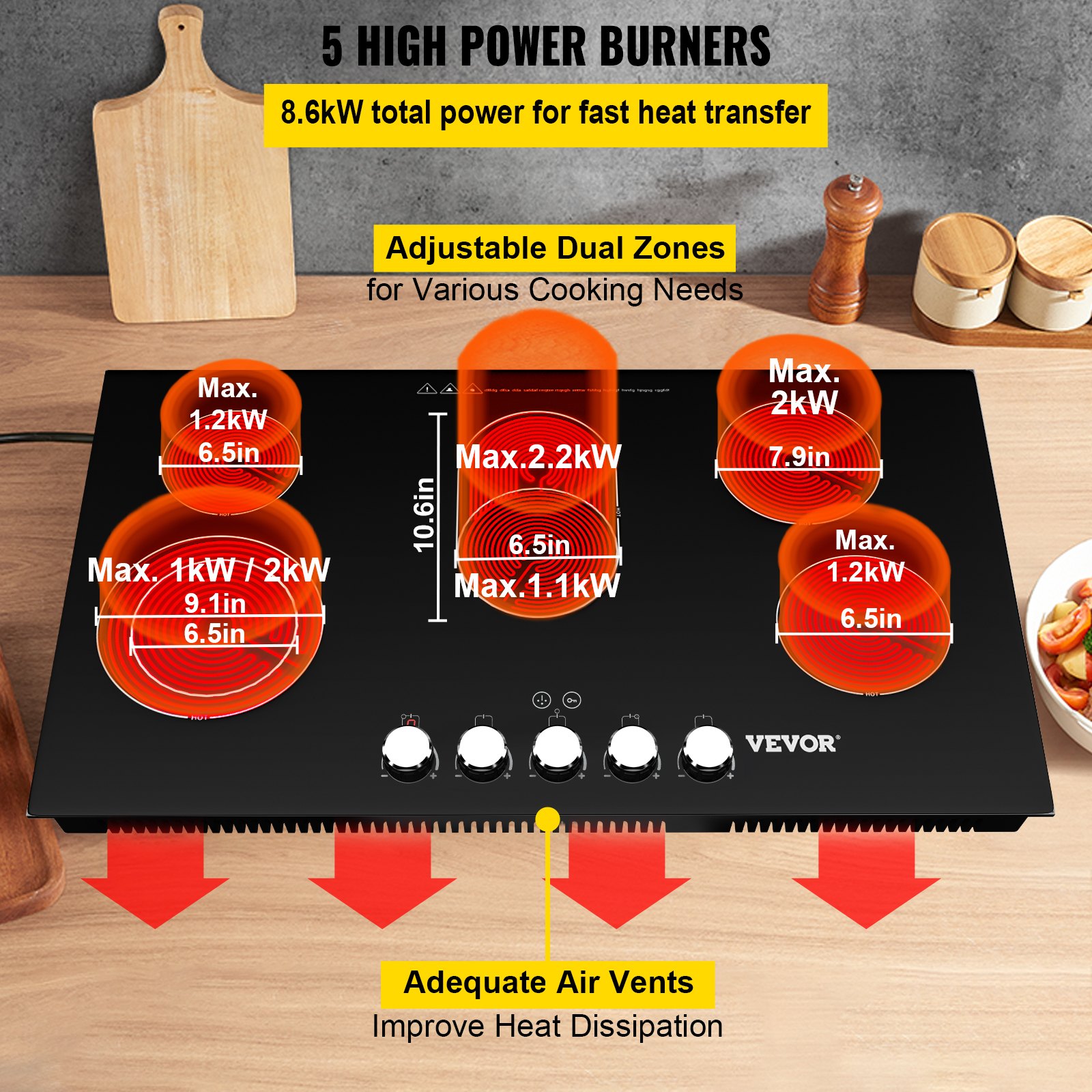 VEVOR Radiant Cooktop with Knob Control, Timer & Child Lock Included, 9 Power Levels with Boost Function Built in Electric Stove Top, 35 inch 5 Burners, 220V Ceramic Glass, Black