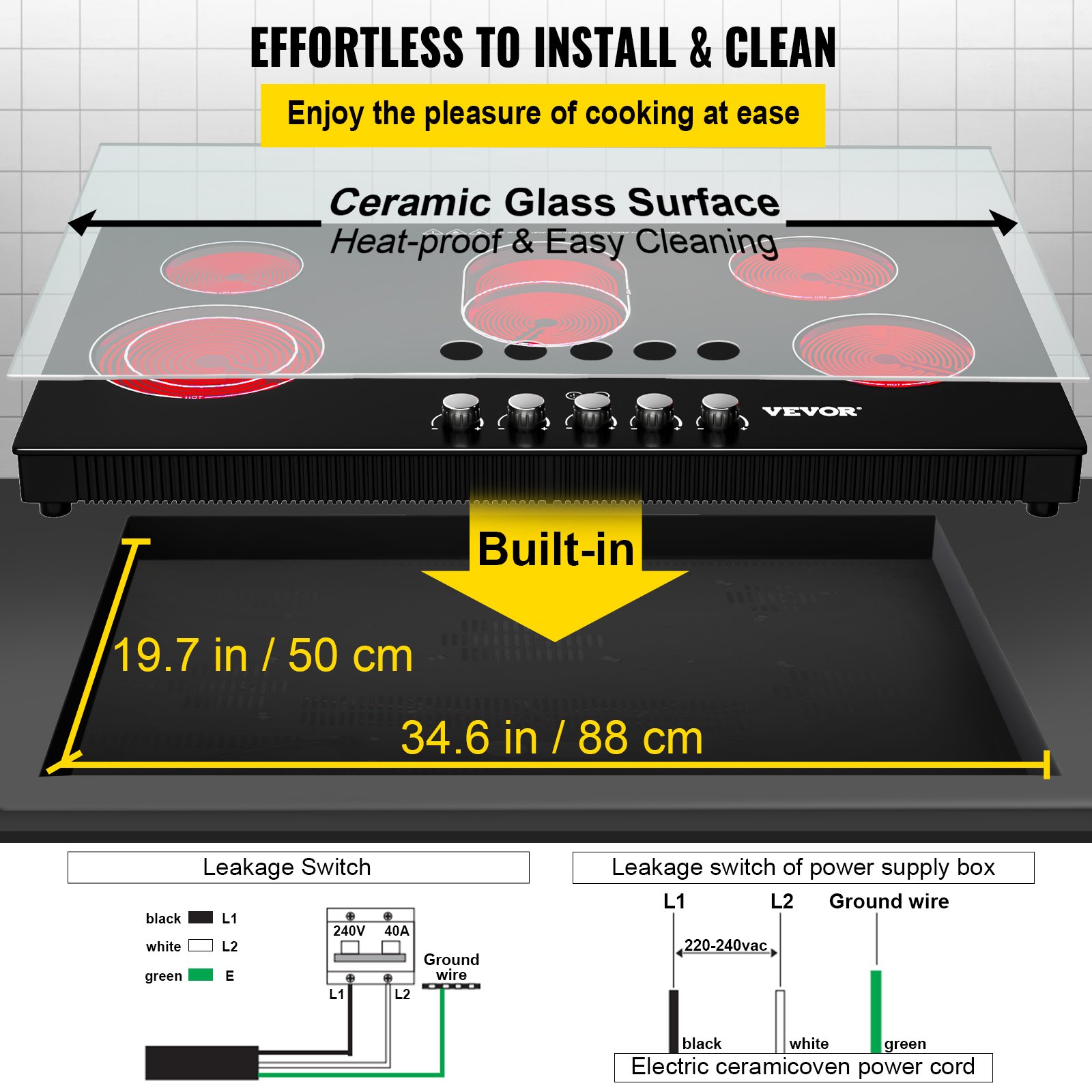 VEVOR Radiant Cooktop with Knob Control, Timer & Child Lock Included, 9 Power Levels with Boost Function Built in Electric Stove Top, 35 inch 5 Burners, 220V Ceramic Glass, Black