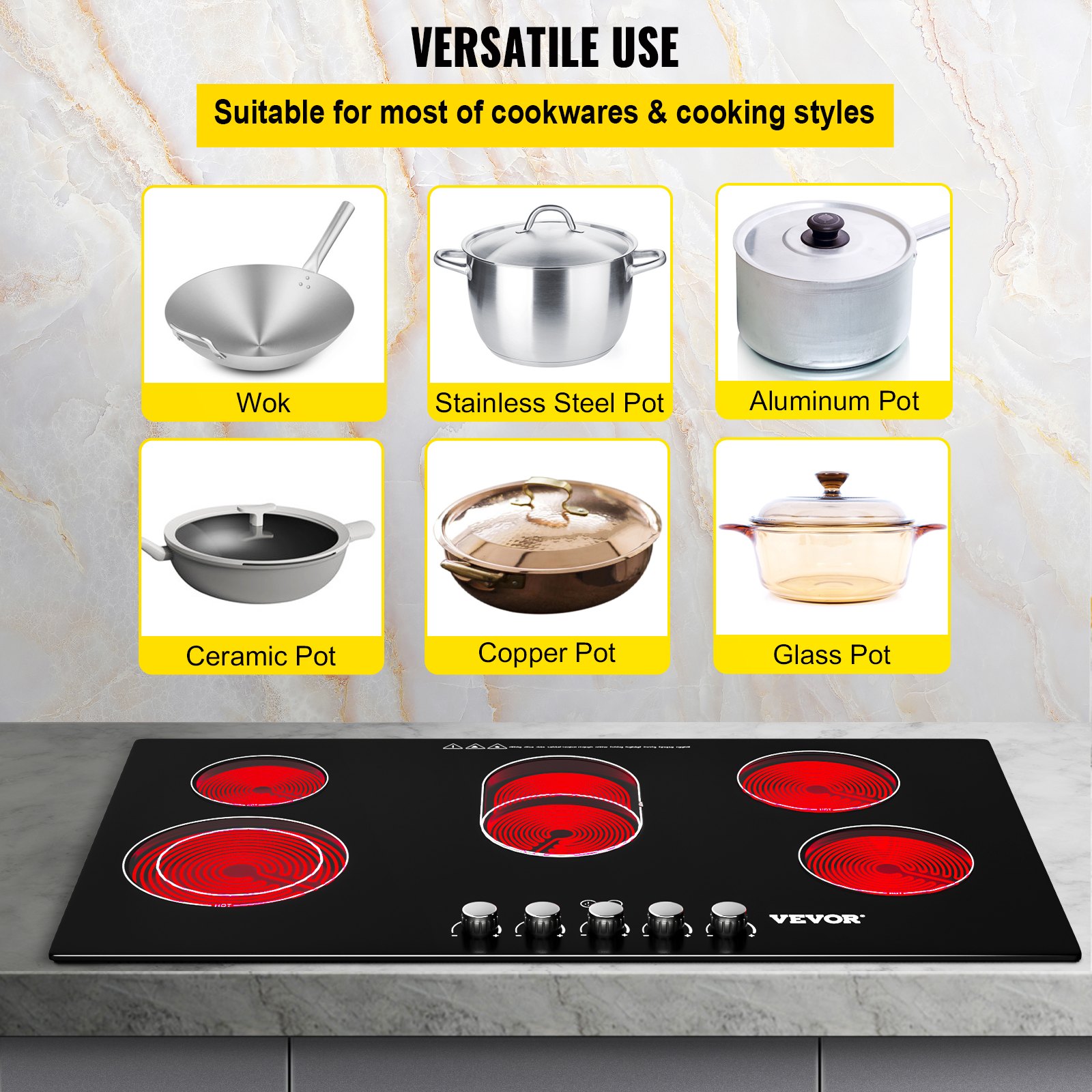 VEVOR Radiant Cooktop with Knob Control, Timer & Child Lock Included, 9 Power Levels with Boost Function Built in Electric Stove Top, 35 inch 5 Burners, 220V Ceramic Glass, Black