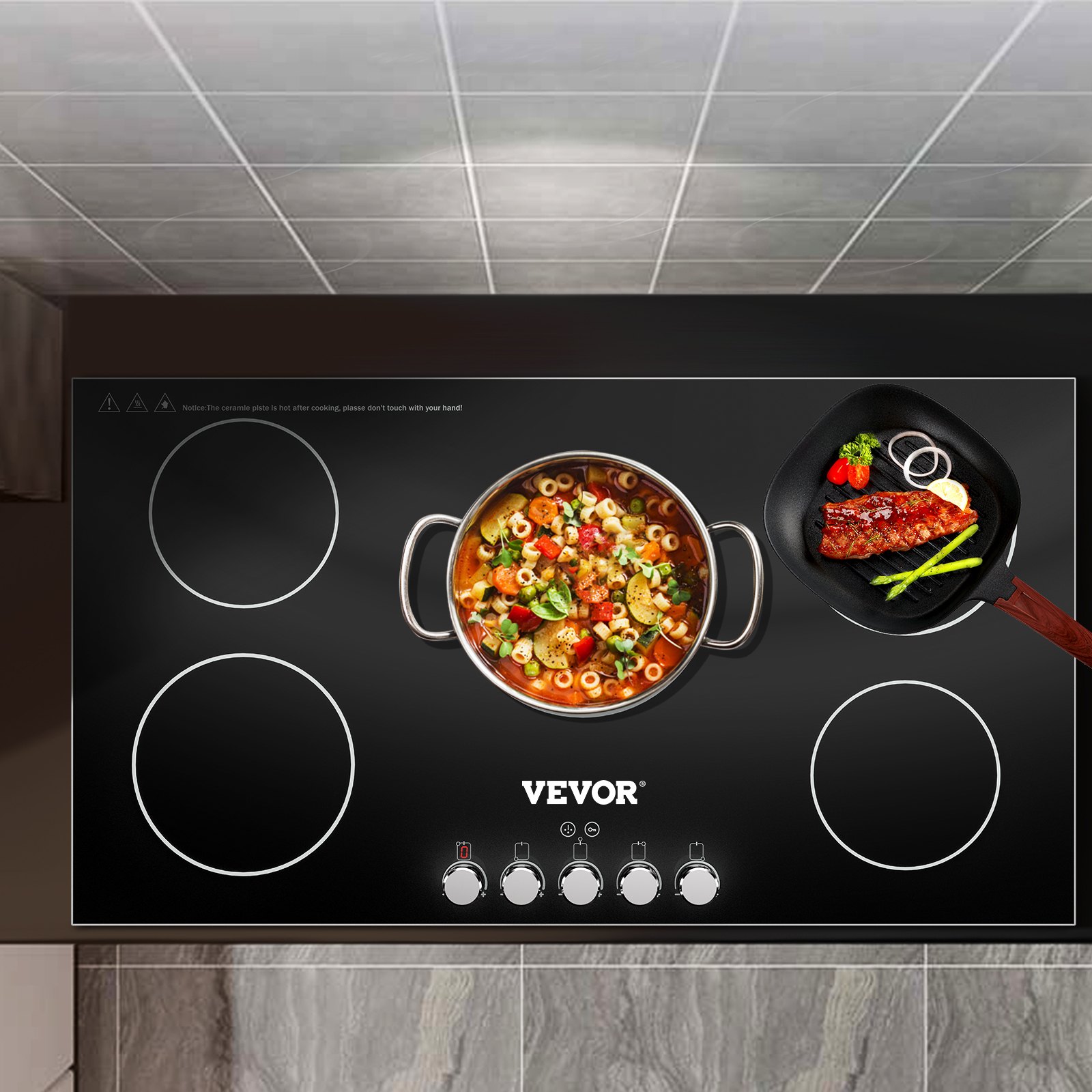 VEVOR Radiant Cooktop with Knob Control, Timer & Child Lock Included, 9 Power Levels with Boost Function Built in Electric Stove Top, 35 inch 5 Burners, 220V Ceramic Glass, Black