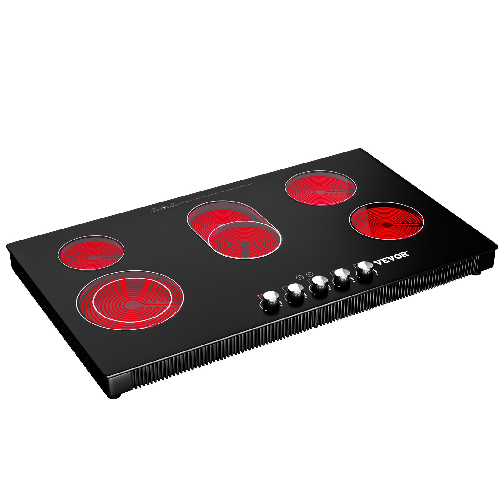 VEVOR Radiant Cooktop with Knob Control, Timer & Child Lock Included, 9 Power Levels with Boost Function Built in Electric Stove Top, 35 inch 5 Burners, 220V Ceramic Glass, Black