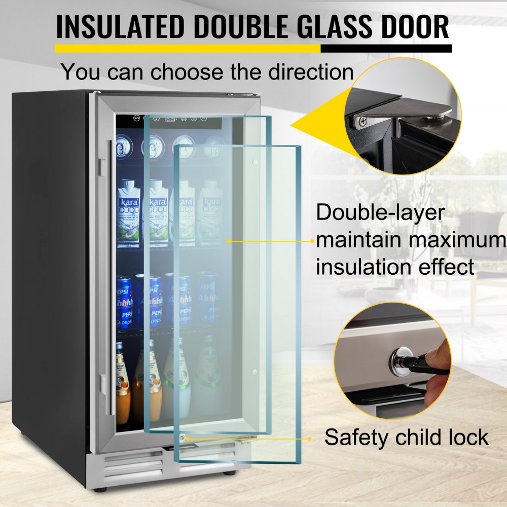 VEVOR Refrigerador de bebidas integrado de 24 pulgadas, refrigerador de bebidas de acero inoxidable con compresor Embraco, para el hogar, bar, oficina, comercial, uso en interiores al aire libre, (refrigerador de puerta de vidrio)