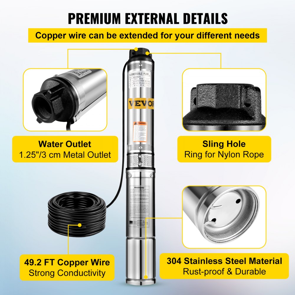 VEVOR Patiolife Well Pump 1/2 HP with 49.2ft Cable - Submersible Well Pump 164ft Head 22.9GPM - Deep Well Pump Stainless Steel for Factories, Farmland, Irrigation Use