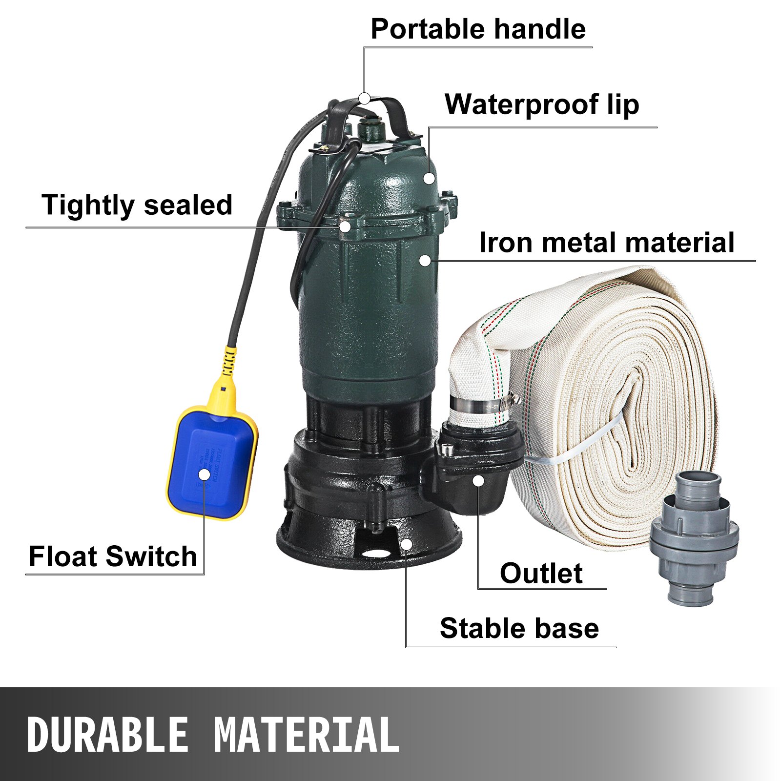 VEVOR Submersible Water Pump Vertical 500W with 20 Hose Length