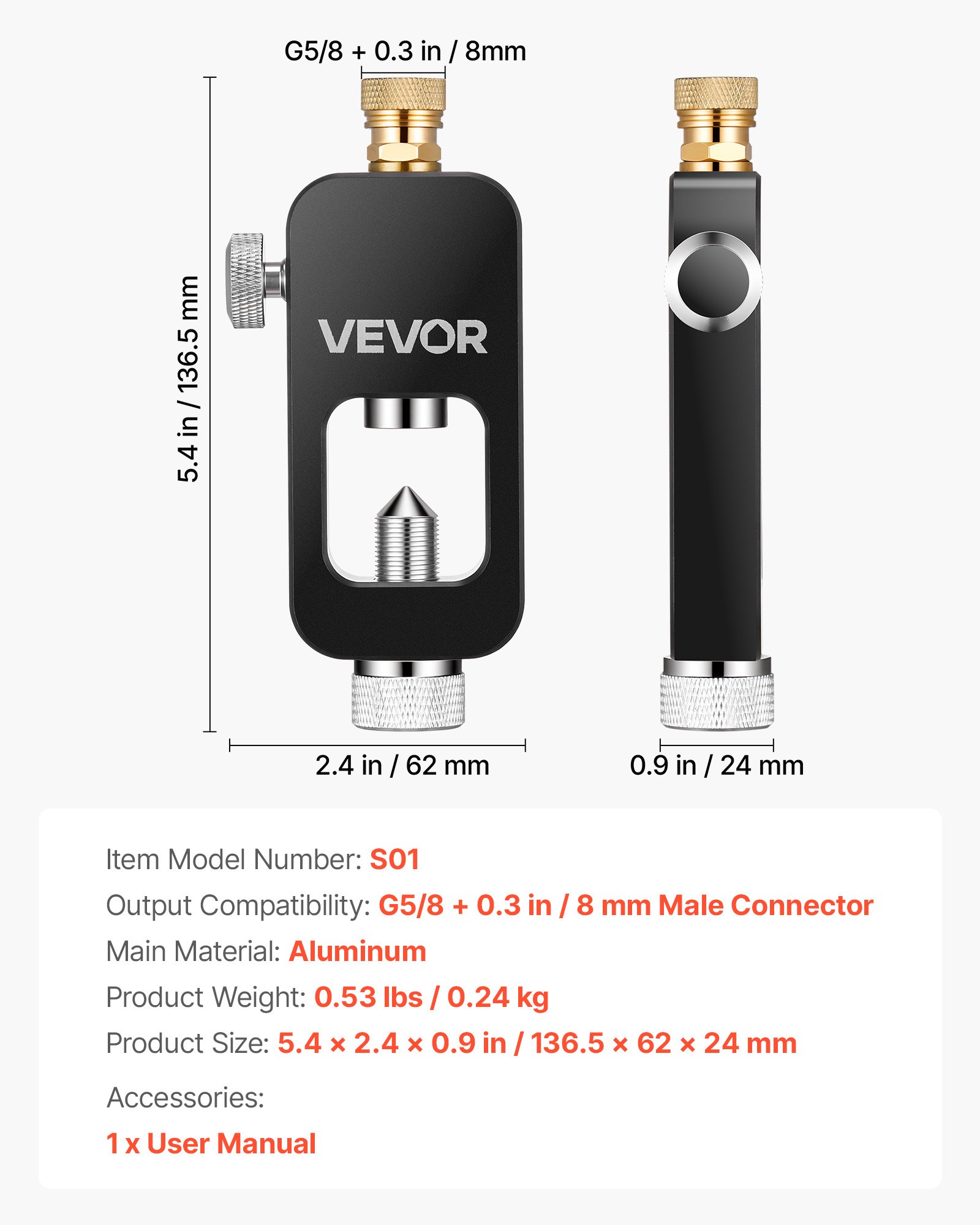 VEVOR Portable Scuba Tank Refill Adapter, 8 mm Male Connector, Aluminum Diving Oxygen Tank Refill Adapter for Oxygen Cylinder Diving Equipment, High Pressure Fill Station for Underwater Exploration