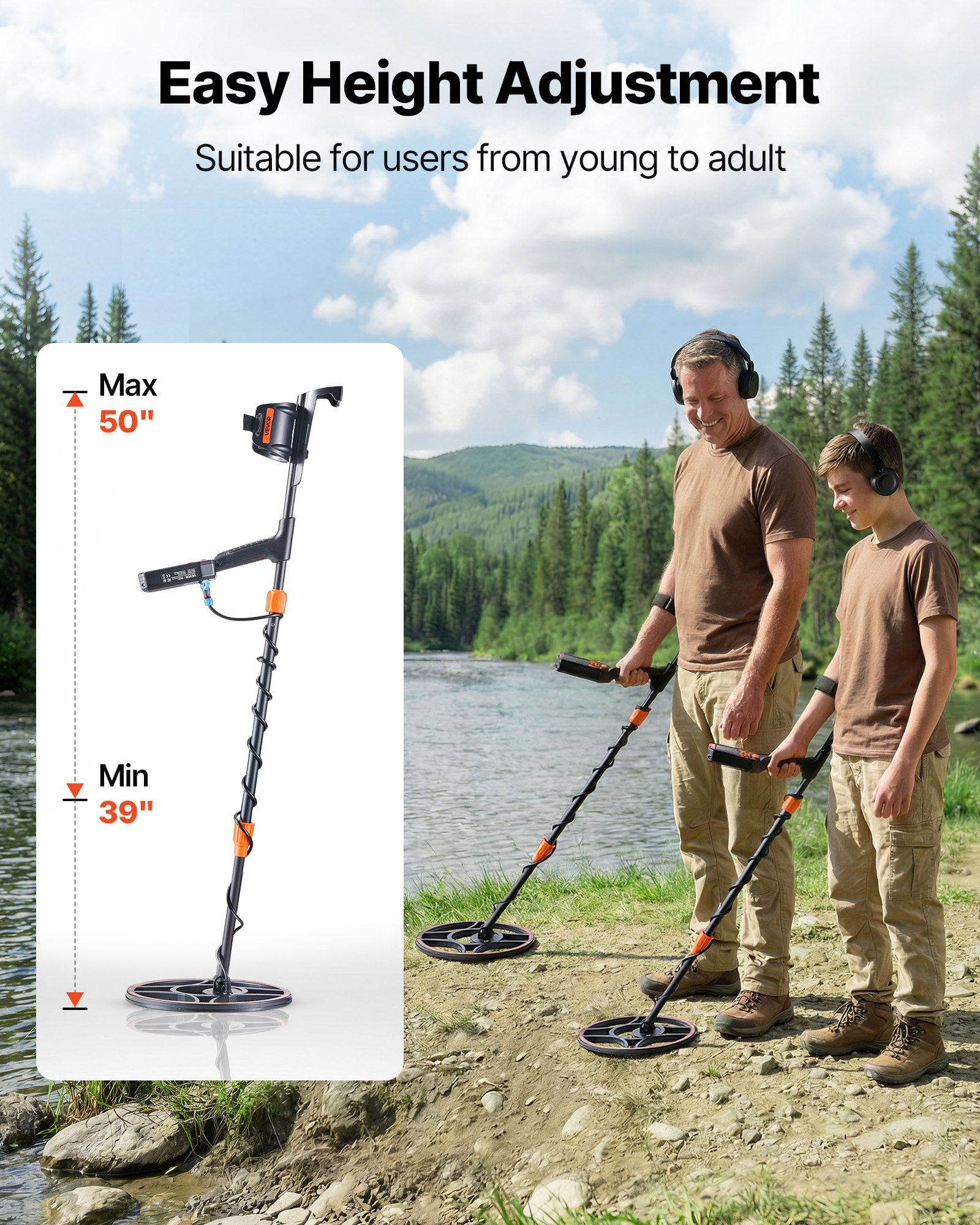 VEVOR Waterproof Metal Detector, 304.8 mm, Professional High Accuracy Gold Detector for Adults, with Display, Wireless Headphones, 7 Modes, Adjustable Length, for Detecting Gold Treasure Hunting, IP68