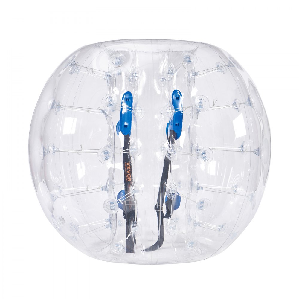 transparent VEVOR inflatable bumper ball with blue handles and black straps inside.