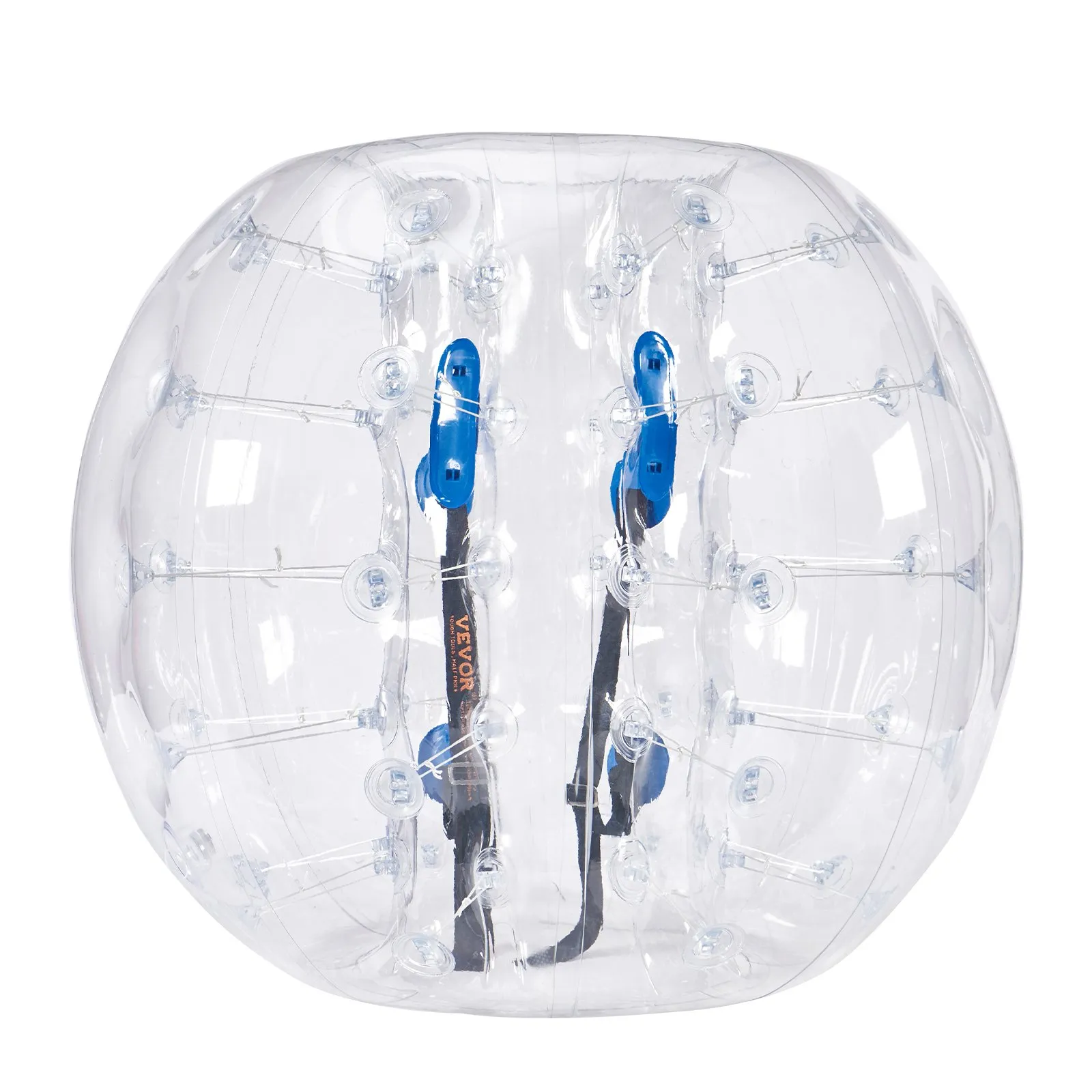 transparent VEVOR inflatable bumper ball with blue handles and black straps inside.