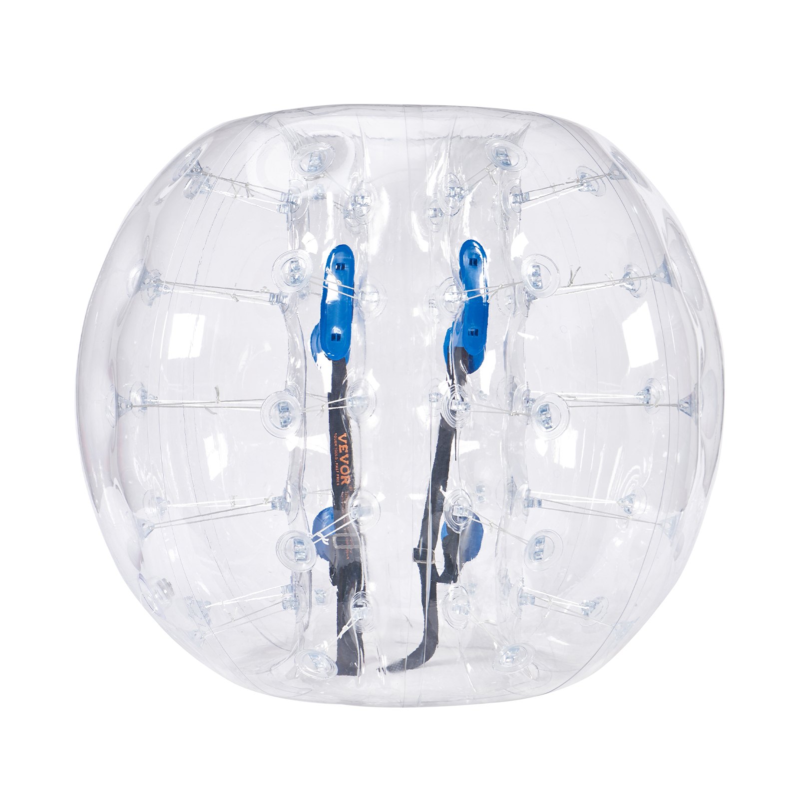 transparent VEVOR inflatable bumper ball with blue handles and black straps inside.