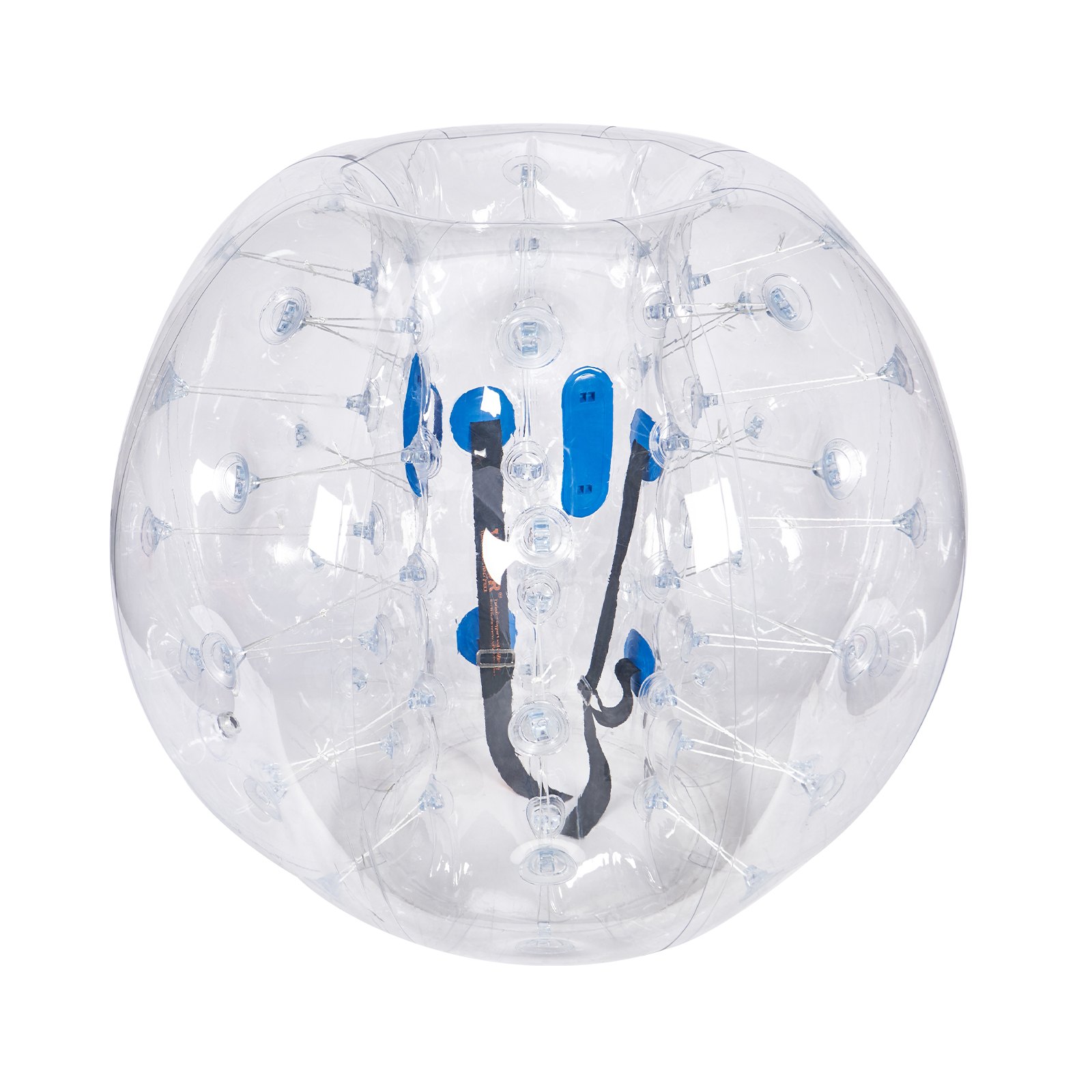 VEVOR inflatable bumper ball, clear with blue padding and black harness inside, ready for fun activities.