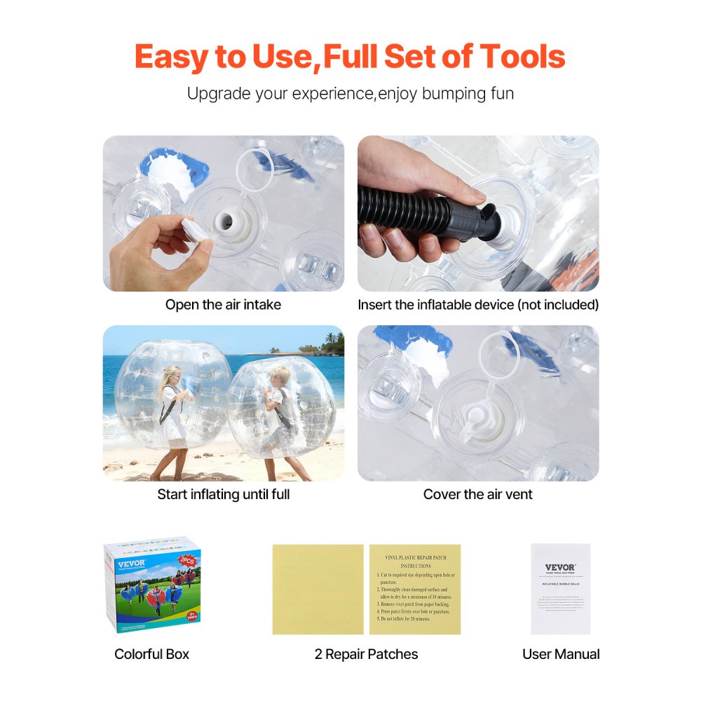 VEVOR Inflatable Bumper Balls 2-Pack, 4FT/1.2M Body Sumo Zorb Balls for Teen & Adult, 0.8mm Thick PVC Human Hamster Bubble Balls for Outdoor Team Gaming Play, Bumper Bopper Toys for Garden, Yard, Park