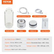 VEVOR Hydrogen Water Bottle Generator, 380 ml / 13.4 oz Capacity Portable Hydrogen Water Maker, SPE Technology Hydrogen Rich Water Ionizer Machine with Nasal Inhalation Tube and Self-Cleaning