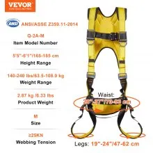 VEVOR Safety Harness, Full Body Harness, Safety Harness Fall Protection with Added Padding, and Side Rings and Dorsal D-Rings and a Lanyard, ANSI/ASSE Z359.11-2014, 240 lbs Max Weight, M