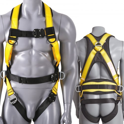 VEVOR Safety Harness, Full Body Harness, Safety Harness Fall Protection with Added Padding, and Side Rings and Dorsal D-Rings and a Lanyard, ANSI/ASSE Z359.11-2014, 340 lbs Max Weight, L
