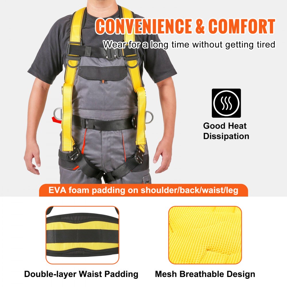 VEVOR Safety Harness, Full Body Harness, Safety Harness Fall Protection with Added Padding, and Side Rings and Dorsal D-Rings and a Lanyard, ANSI/ASSE Z359.11-2014, 340 lbs Max Weight, L