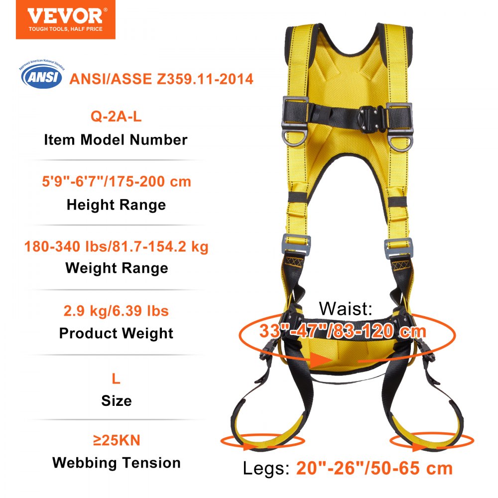 VEVOR Safety Harness, Full Body Harness, Safety Harness Fall Protection with Added Padding, and Side Rings and Dorsal D-Rings and a Lanyard, ANSI/ASSE Z359.11-2014, 340 lbs Max Weight, L