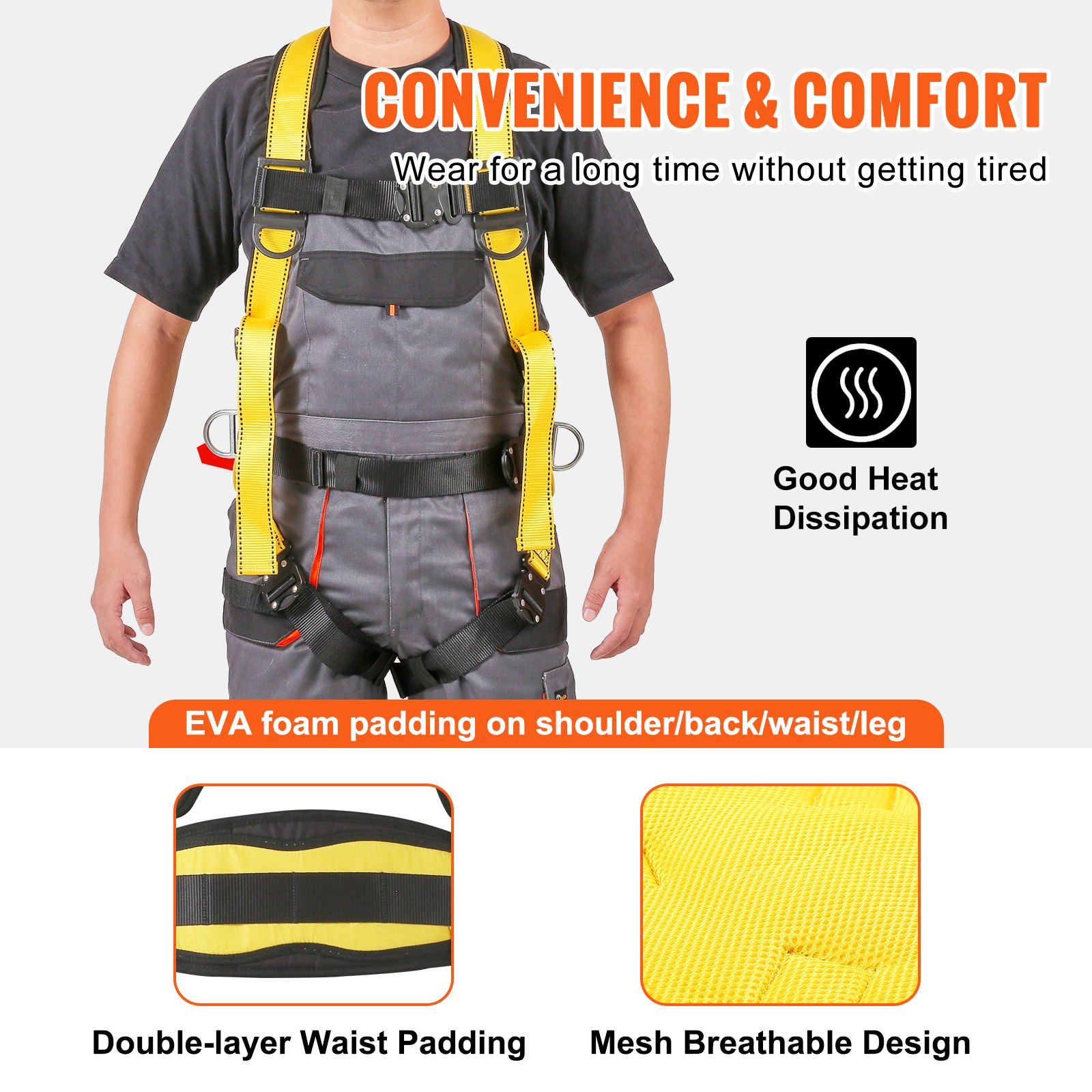 VEVOR Safety Harness, Full Body Harness, Safety Harness Fall Protection with Added Padding, and Side Rings and Dorsal D-Rings and a Lanyard, ANSI/ASSE Z359.11-2014, 340 lbs Max Weight, L