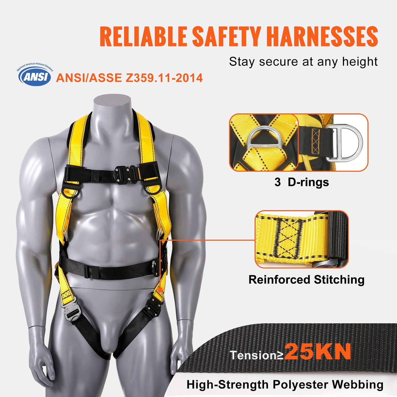 VEVOR Safety Harness, Full Body Harness, Safety Harness Fall Protection with Added Padding, and Side Rings and Dorsal D-Rings and a Lanyard, ANSI/ASSE Z359.11-2014, 340 lbs Max Weight, L