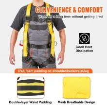 VEVOR Safety Harness, Full Body Harness, Safety Harness Fall Protection with Added Padding, and Side Rings and Dorsal D-Rings and a Lanyard, ANSI/ASSE Z359.11-2014, 160 lbs Max Weight, S