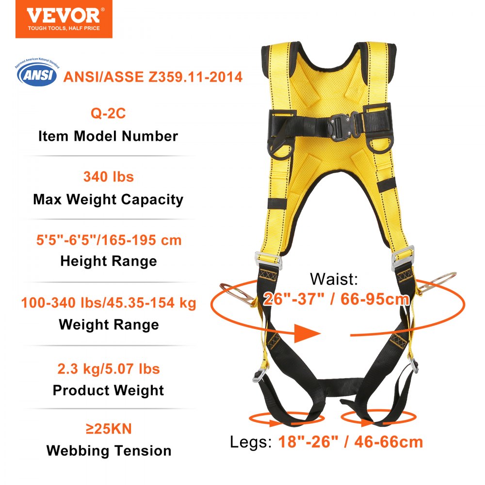 VEVOR Safety Harness Universal Full Body Harness with Padding & A Lanyard 340 lb