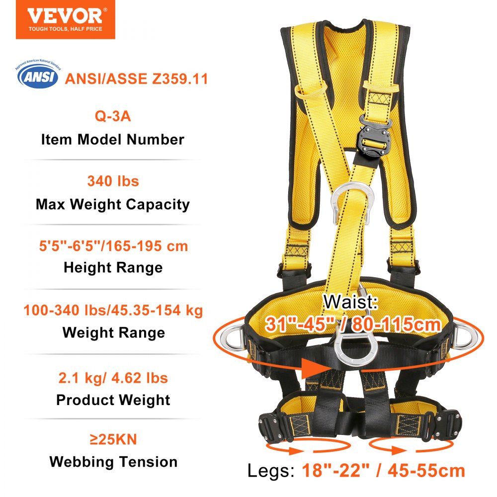 VEVOR Safety Harness Universal Full Body Harness with Padding 340 lb Detachable