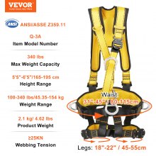VEVOR Safety Harness, Universal Full Body Harness, Detachable Safety Harness Fall Protection with Added Padding on Shoulder, Back, Waist, Legs, and 5 D-Rings, ANSI/ASSE Z359.11, 340 lbs