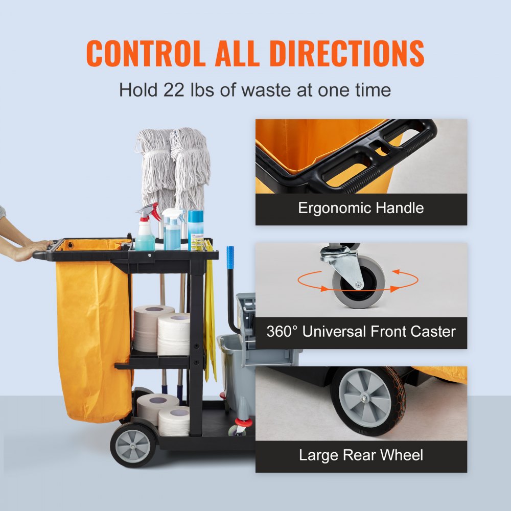 VEVOR Cleaning Cart, 3-Shelf Commercial Janitorial Cart, 200 lbs Capacity Plastic Housekeeping Cart, with 25 Gallon PVC Bag, 47 x 20 x 38.6in, Yellow & Black