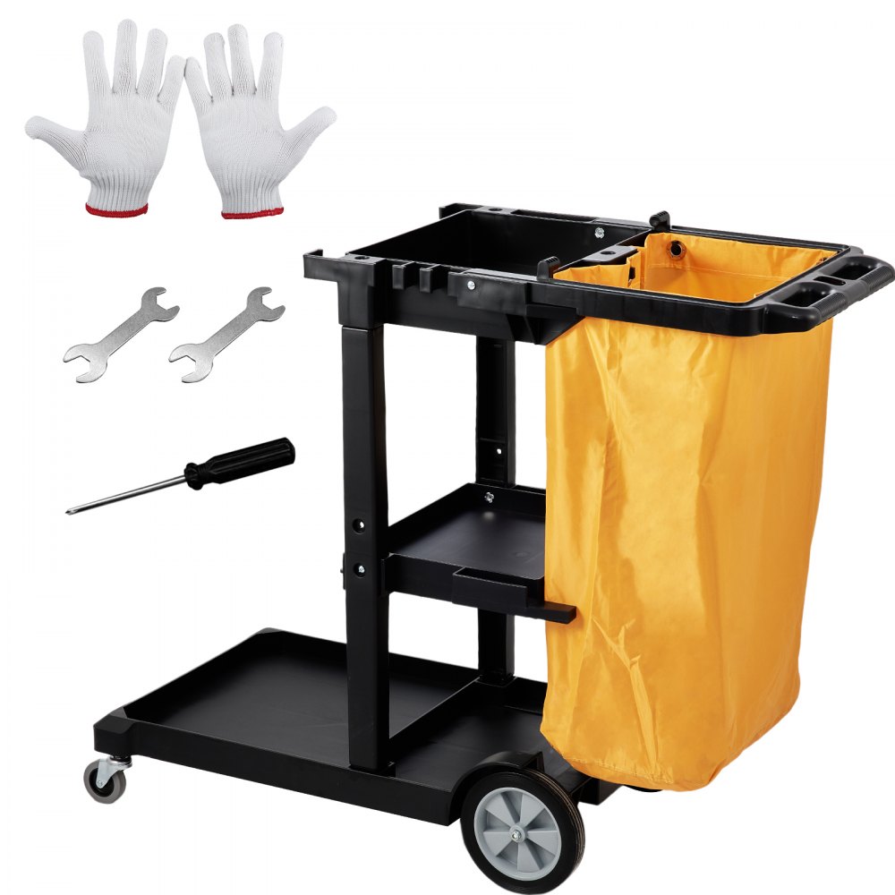 VEVOR Cleaning Cart, 3-Shelf Commercial Janitorial Cart, 200 lbs Capacity  Plastic Housekeeping Cart, with 25 Gallon PVC Bag, 47 x 20 x 38.6in