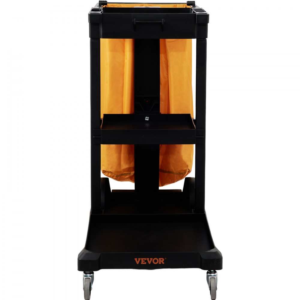 VEVOR Cleaning Cart, 3-Shelf Commercial Janitorial Cart, 200 lbs Capacity Plastic Housekeeping Cart, with 25 Gallon PVC Bag, 47 x 20 x 38.6in, Yellow & Black