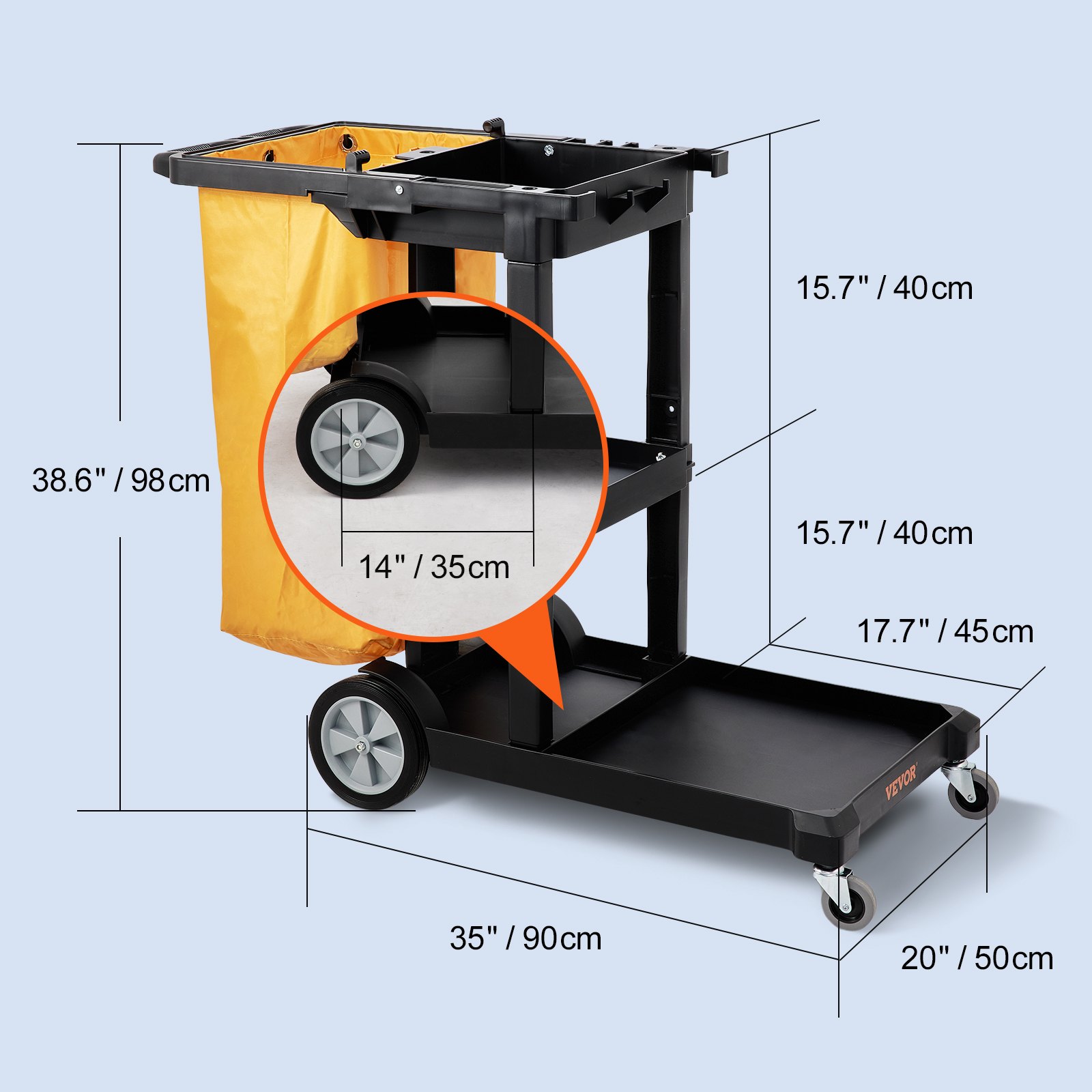 VEVOR Cleaning Cart, 3-Shelf Commercial Janitorial Cart, 200 lbs Capacity Plastic Housekeeping Cart, with 25 Gallon PVC Bag, 47 x 20 x 38.6in, Yellow & Black