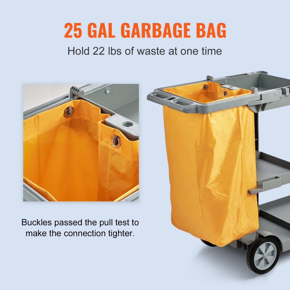 VEVOR Cleaning Cart, 3-Shelf Commercial Janitorial Cart, 200 lbs Capacity Plastic Housekeeping Cart, with 25 Gallon PVC Bag, 47" x 20" x 38.6", Yellow+Grey