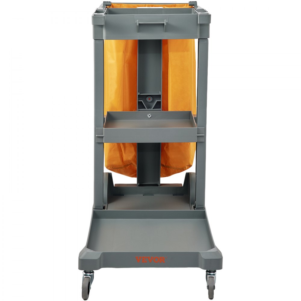 VEVOR Cleaning Cart, 3-Shelf Commercial Janitorial Cart, 200 lbs Capacity Plastic Housekeeping Cart, with 25 Gallon PVC Bag, 47" x 20" x 38.6", Yellow+Grey