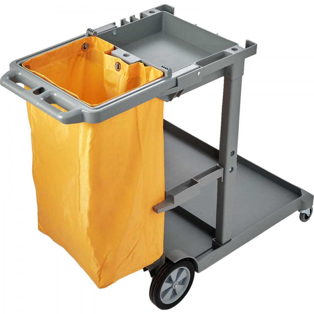 VEVOR Cleaning Cart, 3-Shelf Commercial Janitorial Cart, 200 lbs Capacity Plastic Housekeeping Cart, with 25 Gallon PVC Bag, 47" x 20" x 38.6", Yellow+Grey