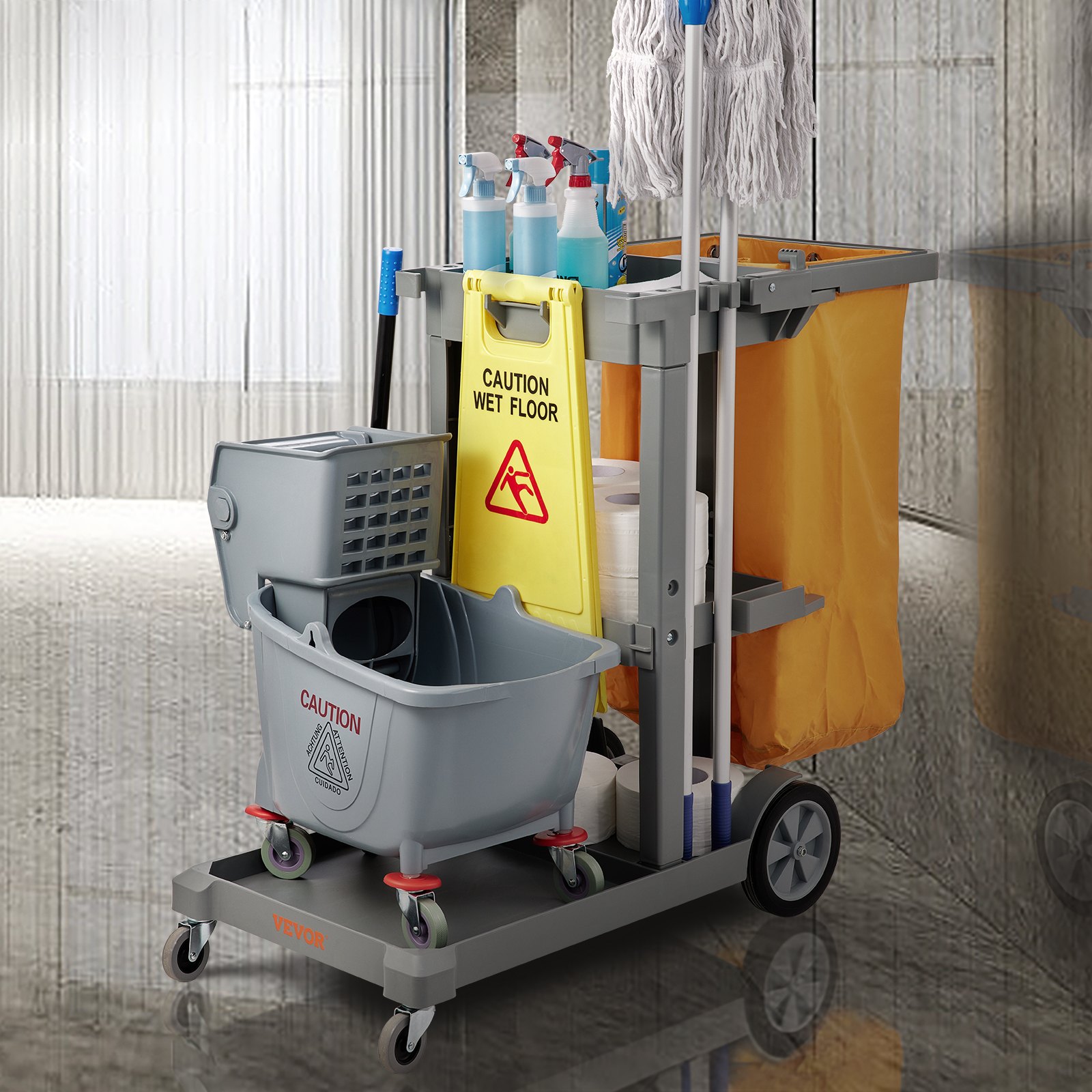 VEVOR Cleaning Cart, 3-Shelf Commercial Janitorial Cart, 200 lbs Capacity Plastic Housekeeping Cart, with 25 Gallon PVC Bag, 120 x 51 x 98 cm, Yellow+Grey
