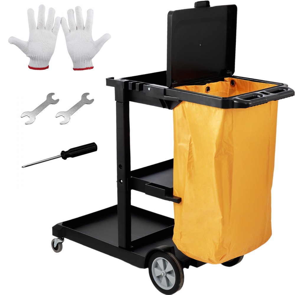 Úklidový vozík VEVOR, 3-policový komerční úklidový vozík, plastový vozík na úklid o kapacitě 200 liber, s 25galonovým PVC sáčkem a krytem, 47" x 20" x 38,6", žlutá + černá