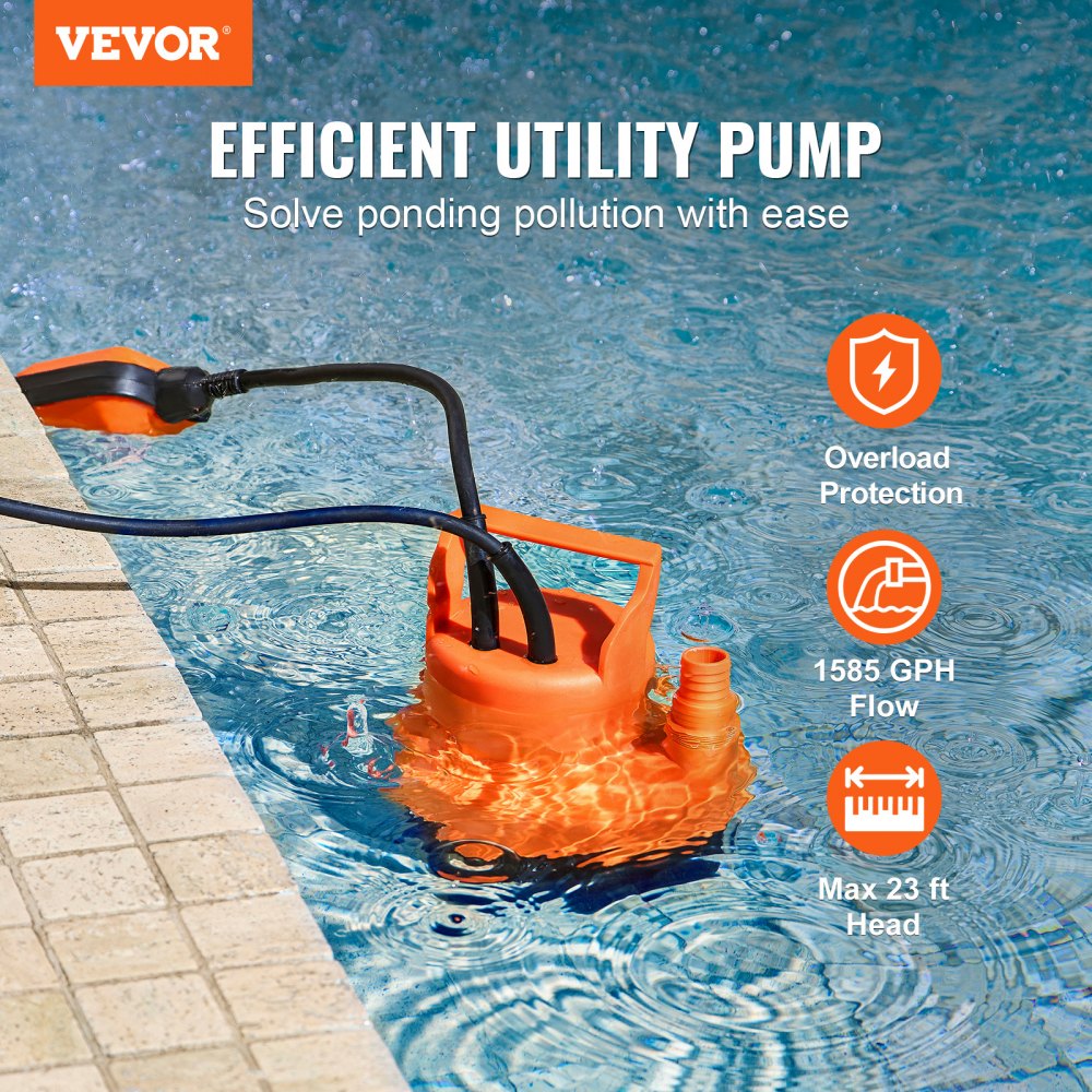 VEVOR Submersible Utility Pump Sump Pump 320W 1585 GPH/6002 LPH 23 ft/7 m Head Water Pump
