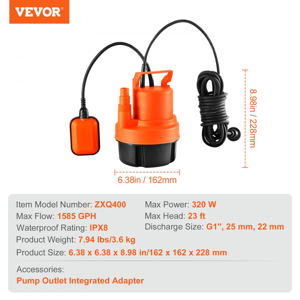 VEVOR Submersible Utility Pump Sump Pump 320W 1585 GPH/6002 LPH 23 ft/7 m Head Water Pump