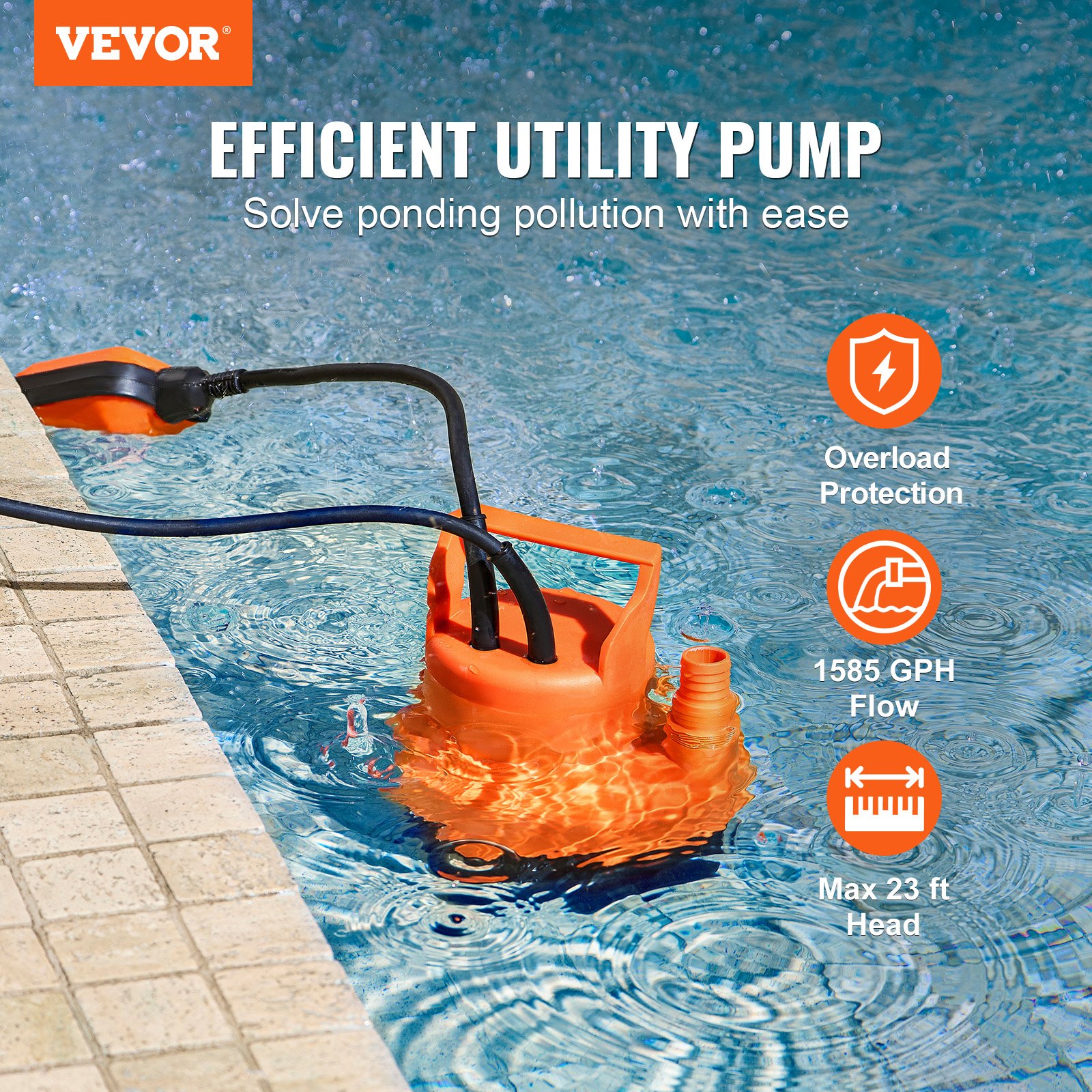 VEVOR Submersible Utility Pump Sump Pump 320W 1585 GPH/6002 LPH 23 ft/7 m Head Water Pump