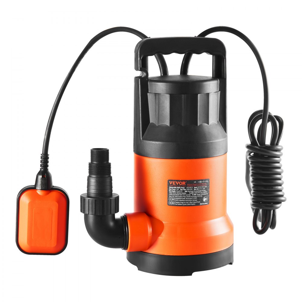 orange and black VEVOR utility pump with a handle, attached cable, and float switch.