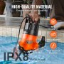 Bomba utilitaria VEVOR en piscina que demuestra material de alta calidad, clasificación de impermeabilidad IPX8, resistencia al desgaste y autolubricación.