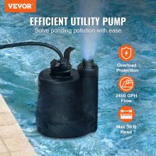 VEVOR Utility Pump, 1/3 HP, 2450 GPH High Flow, 30 ft Head, Sump Pump Submersible Water Pump Portable Utility Pump with 10 ft Long Power Cord for Draining Water from Swimming Pool Garden Pond Basement