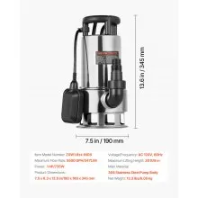 VEVOR 1 HP Submersible Sump Pump Sewage Pump 5500 GPH 30 ft Stainless Steel