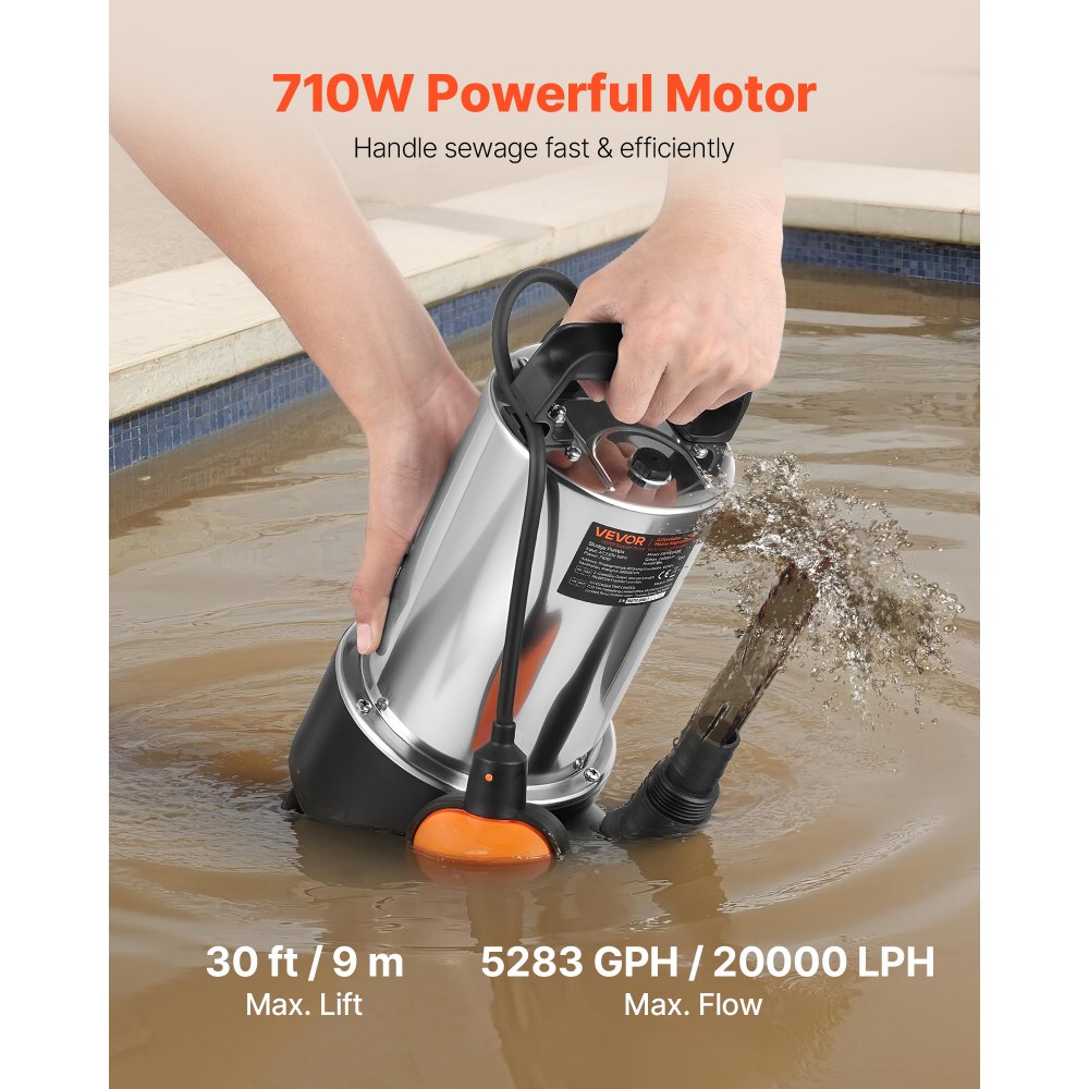 VEVOR 710W Submersible Sump Pump, 20000 L/H, Stainless Steel Submersible Sewage Dirty Clean Water Pump with Automatic Float Switch, Long Cord, 9M Max Lift, for Pools, Garden, Pond, Flooded Areas