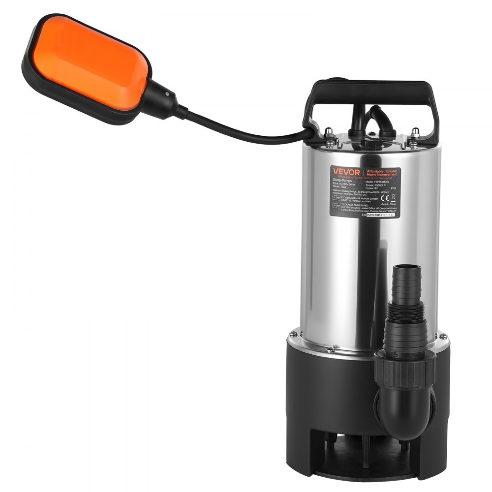 VEVOR 710W Submersible Sump Pump, 20000 L/H, Stainless Steel Submersible Sewage Dirty Clean Water Pump with Automatic Float Switch, Long Cord, 9M Max Lift, for Pools, Garden, Pond, Flooded Areas
