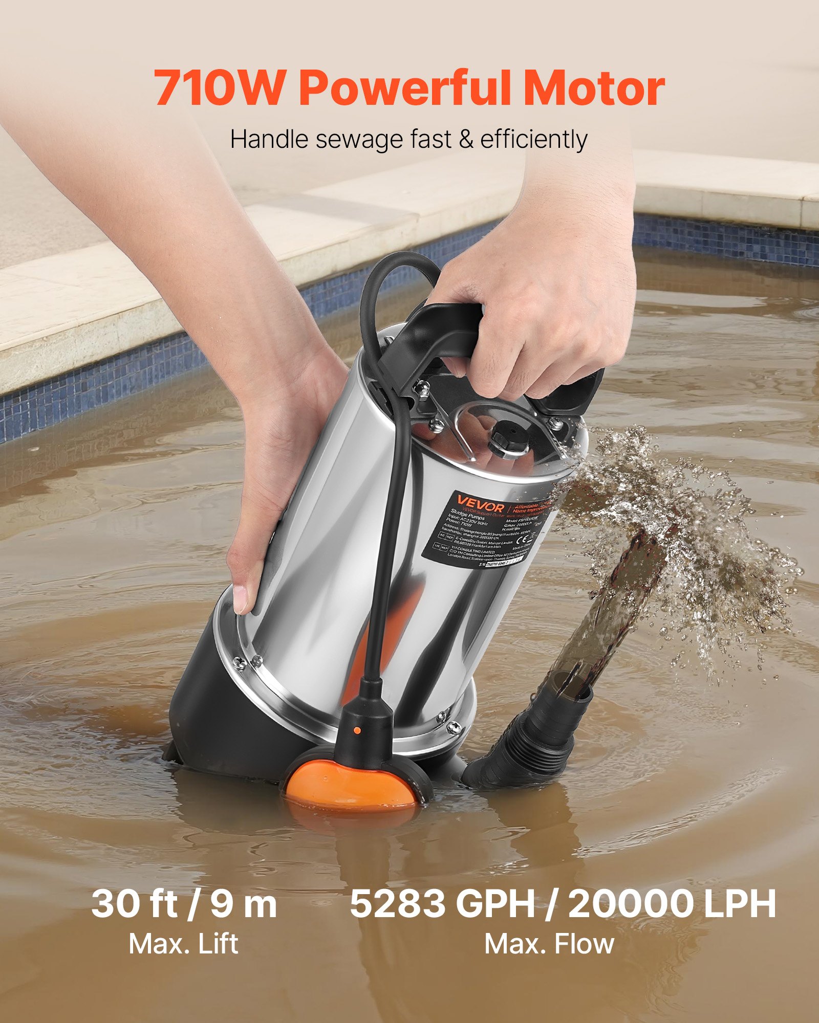 VEVOR 710W Submersible Sump Pump, 20000 L/H, Stainless Steel Submersible Sewage Dirty Clean Water Pump with Automatic Float Switch, Long Cord, 9M Max Lift, for Pools, Garden, Pond, Flooded Areas