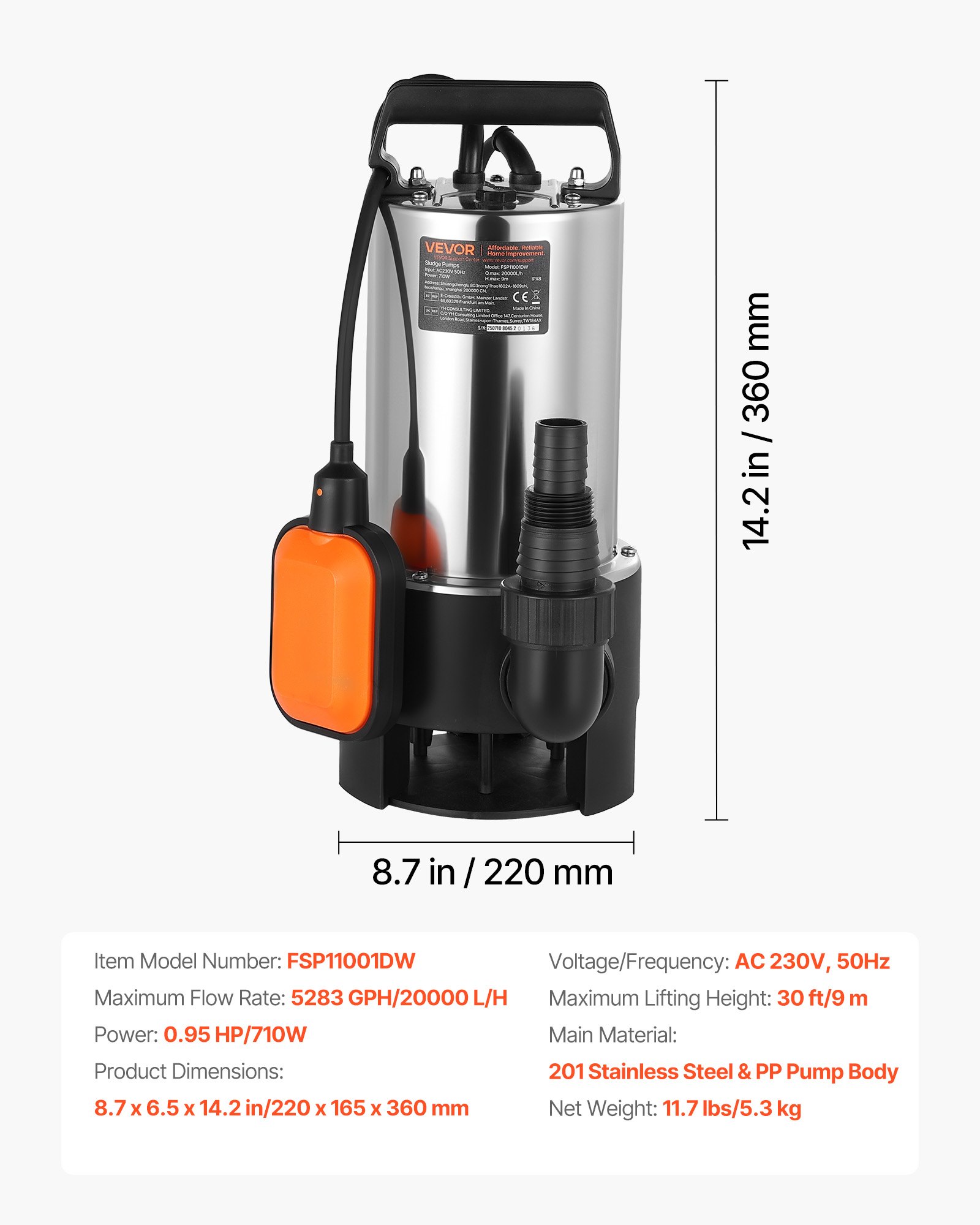 VEVOR 710W Submersible Sump Pump, 20000 L/H, Stainless Steel Submersible Sewage Dirty Clean Water Pump with Automatic Float Switch, Long Cord, 9M Max Lift, for Pools, Garden, Pond, Flooded Areas