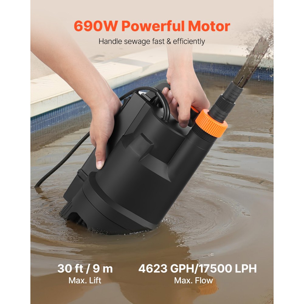 VEVOR 690W Submersible Sump Pump, 17500 L/H, PP-GF20 Submersible Sewage Dirty Clean Water Pump with Automatic Float Switch, Long Cord, 9M Max Lift, for Pools, Garden, Pond, Flooded Areas