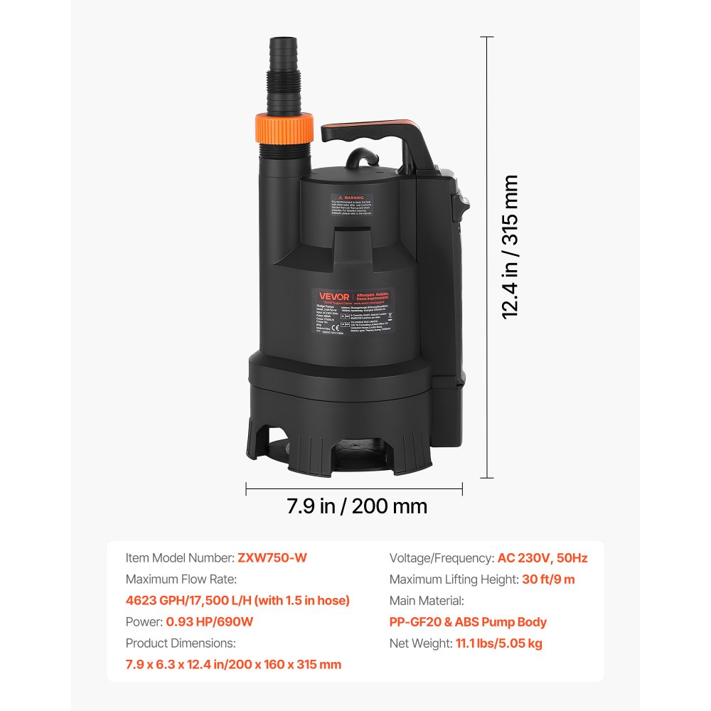 VEVOR 690W Submersible Sump Pump, 17500 L/H, PP-GF20 Submersible Sewage Dirty Clean Water Pump with Automatic Float Switch, Long Cord, 9M Max Lift, for Pools, Garden, Pond, Flooded Areas
