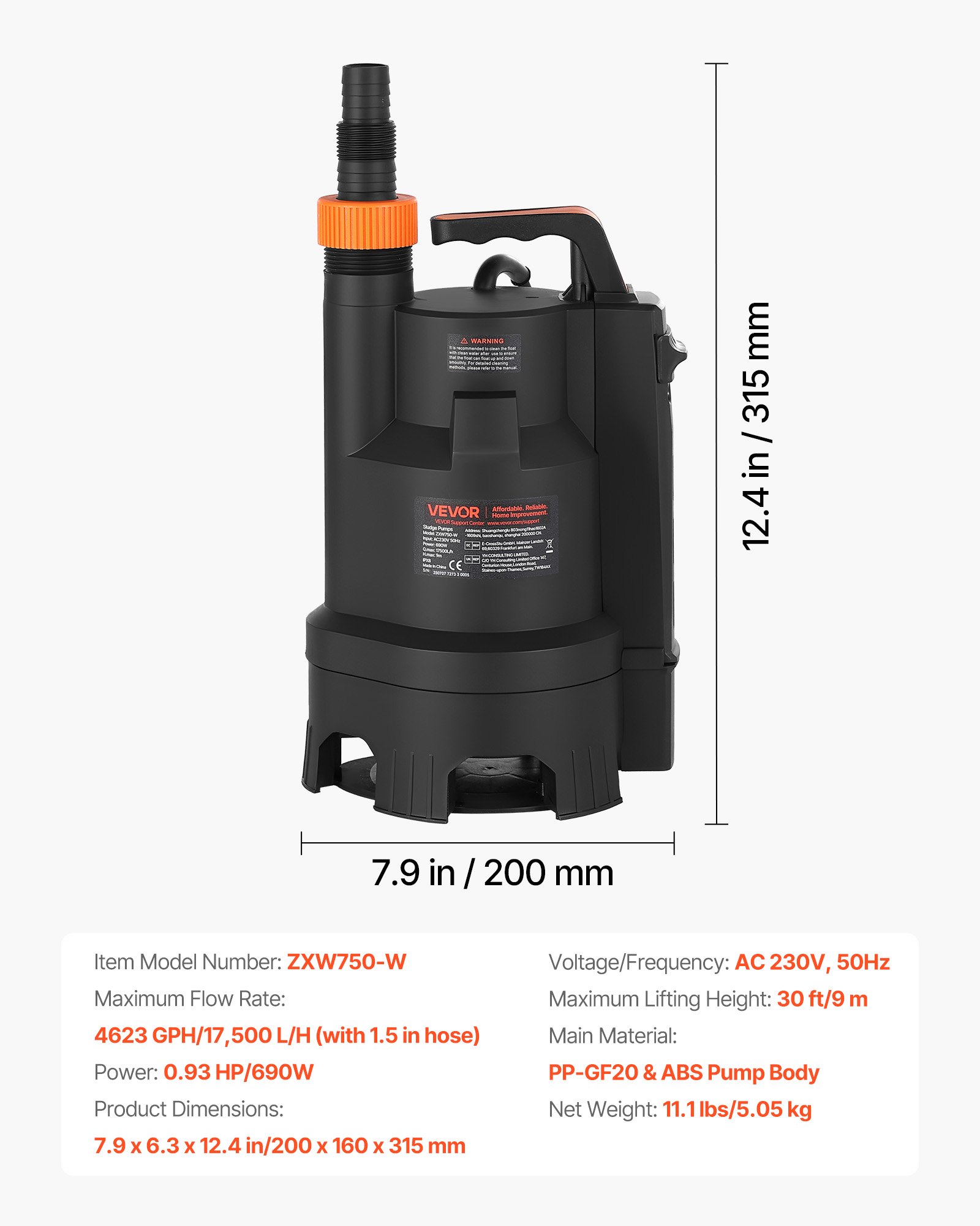 Υποβρύχια αντλία φρεατίου VEVOR 690W, 17500 L/H, Υποβρύχια αντλία λυμάτων PP-GF20 για καθαρισμό βρώμικων υδάτων με αυτόματο διακόπτη πλωτήρα, μακρύ καλώδιο, μέγιστη ανύψωση 9M, για πισίνες, κήπους, λίμνες, πλημμυρισμένες περιοχές